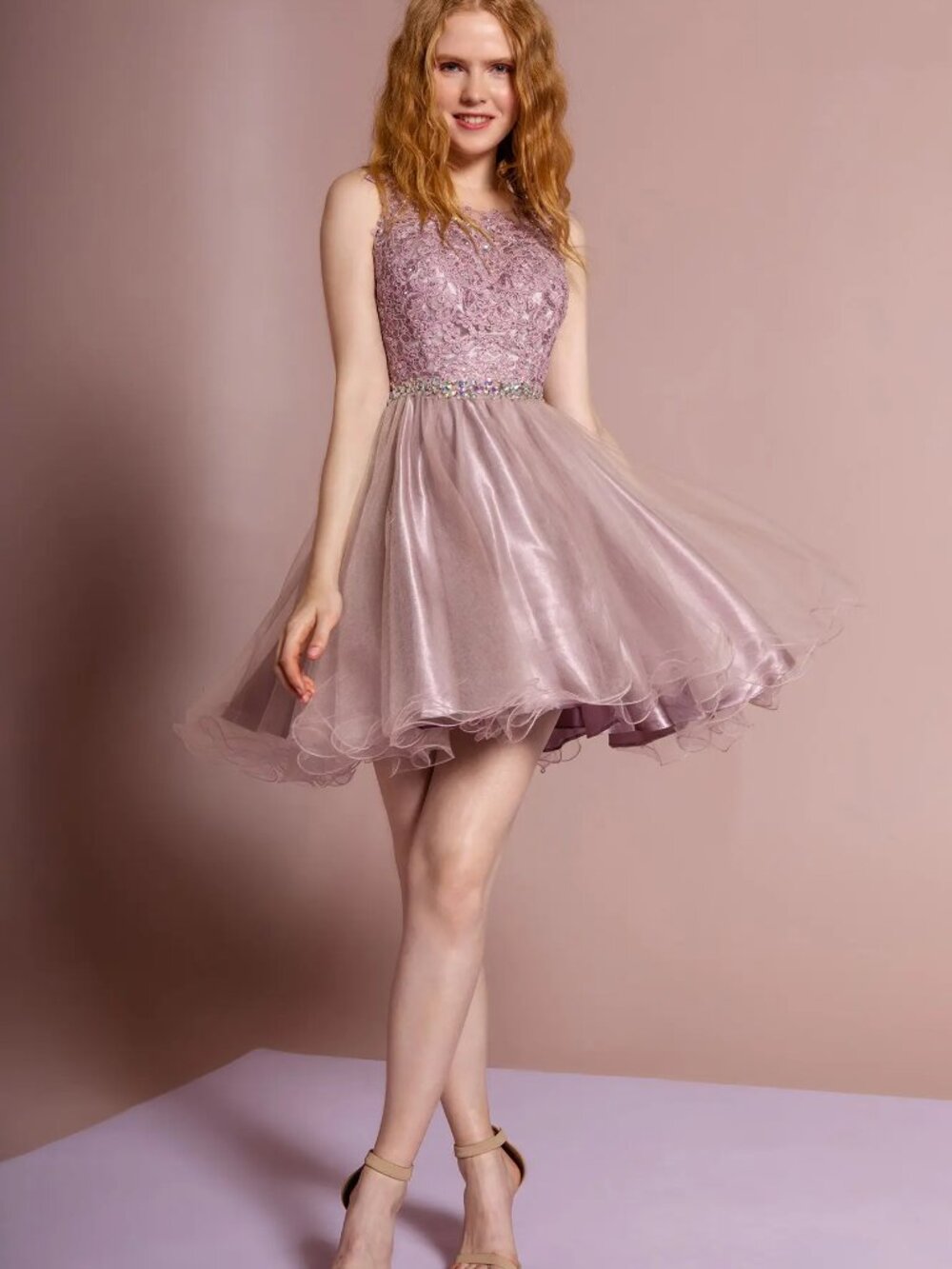 NEW MAUVE Lace & Beaded Illusion Neckline Cocktail Dress Embellished GS2375